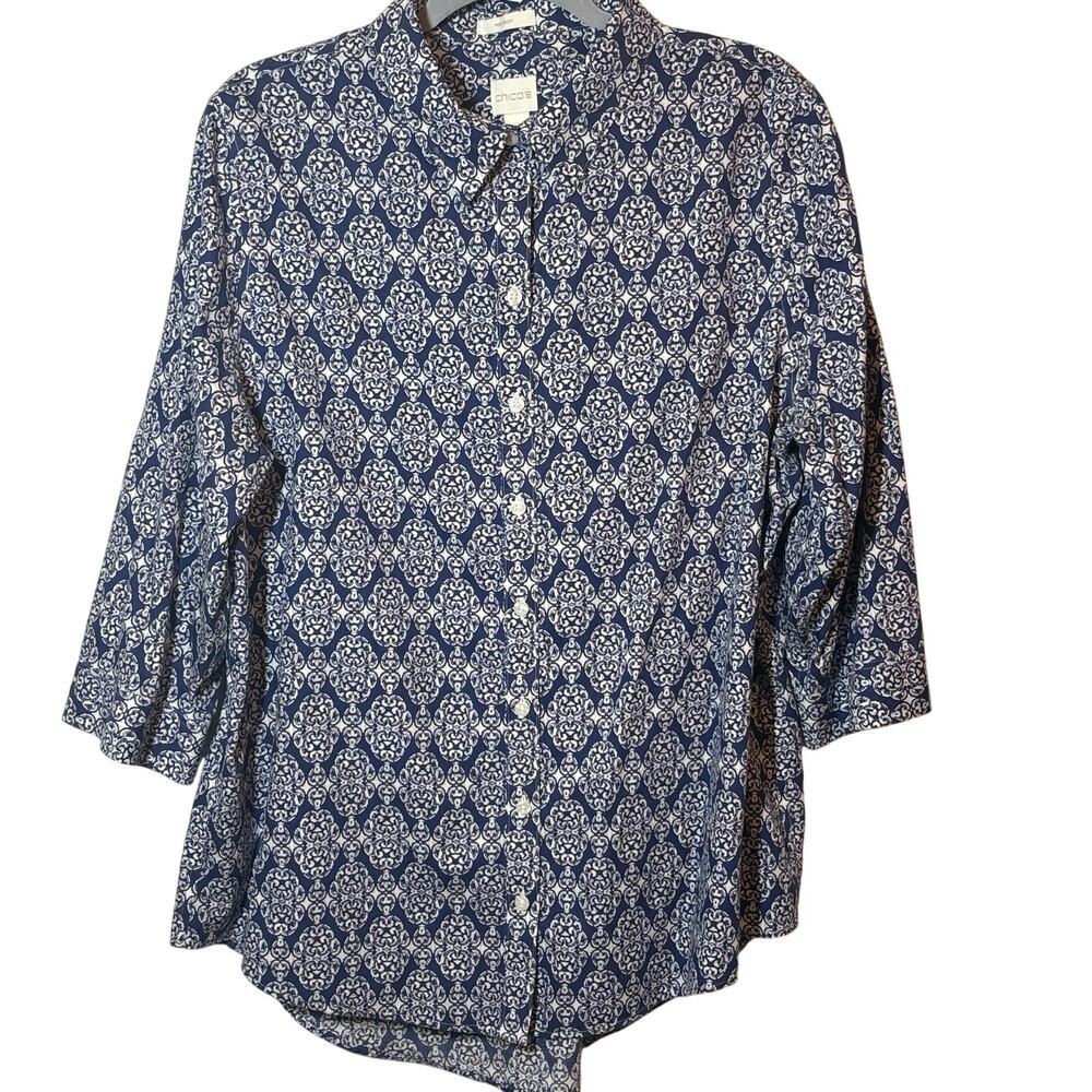 Chico’s Size 3 Blue White Medallion Print 100% Cotton Button Front Blouse​